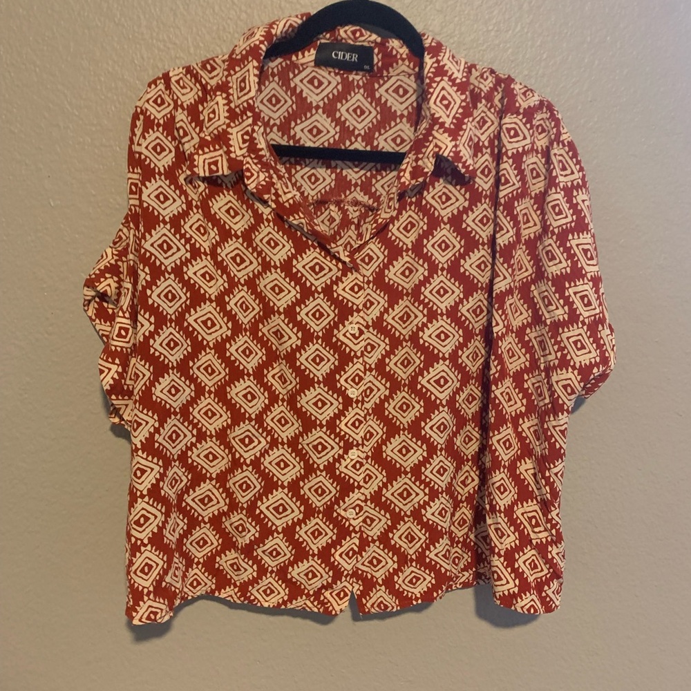 Cider Knit Collar Geometric Button Short Sleeve Top 1XL